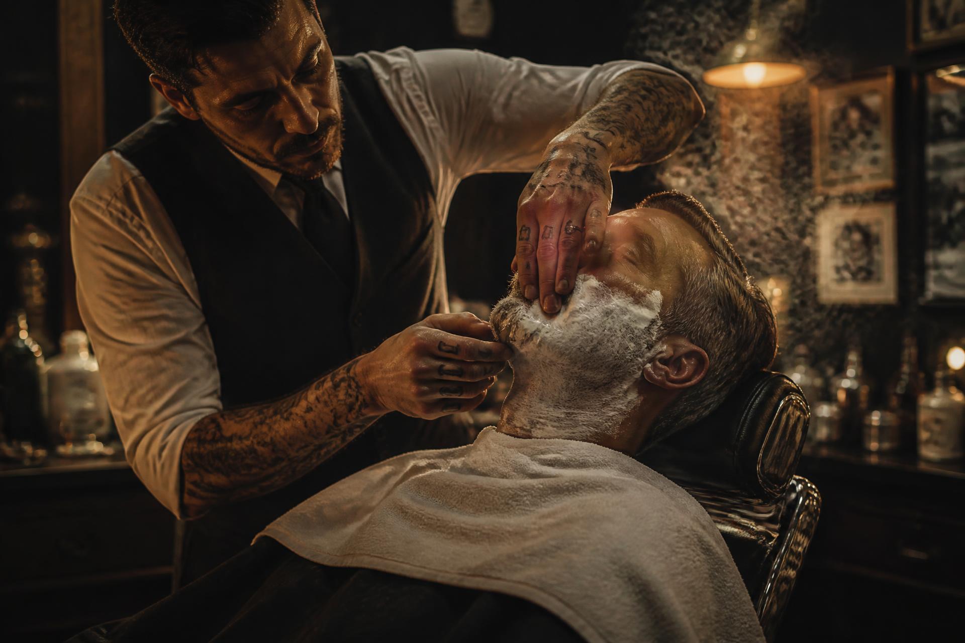 Barber giving a straight-razor shave inside True North Barber