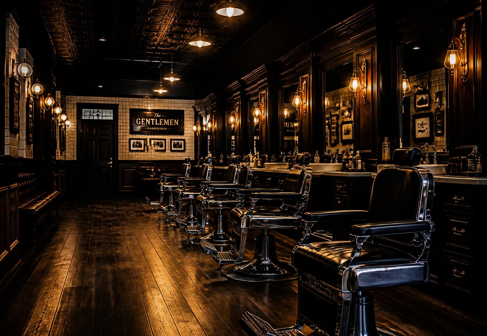 Rows of vintage chrome barber chairs inside the shop